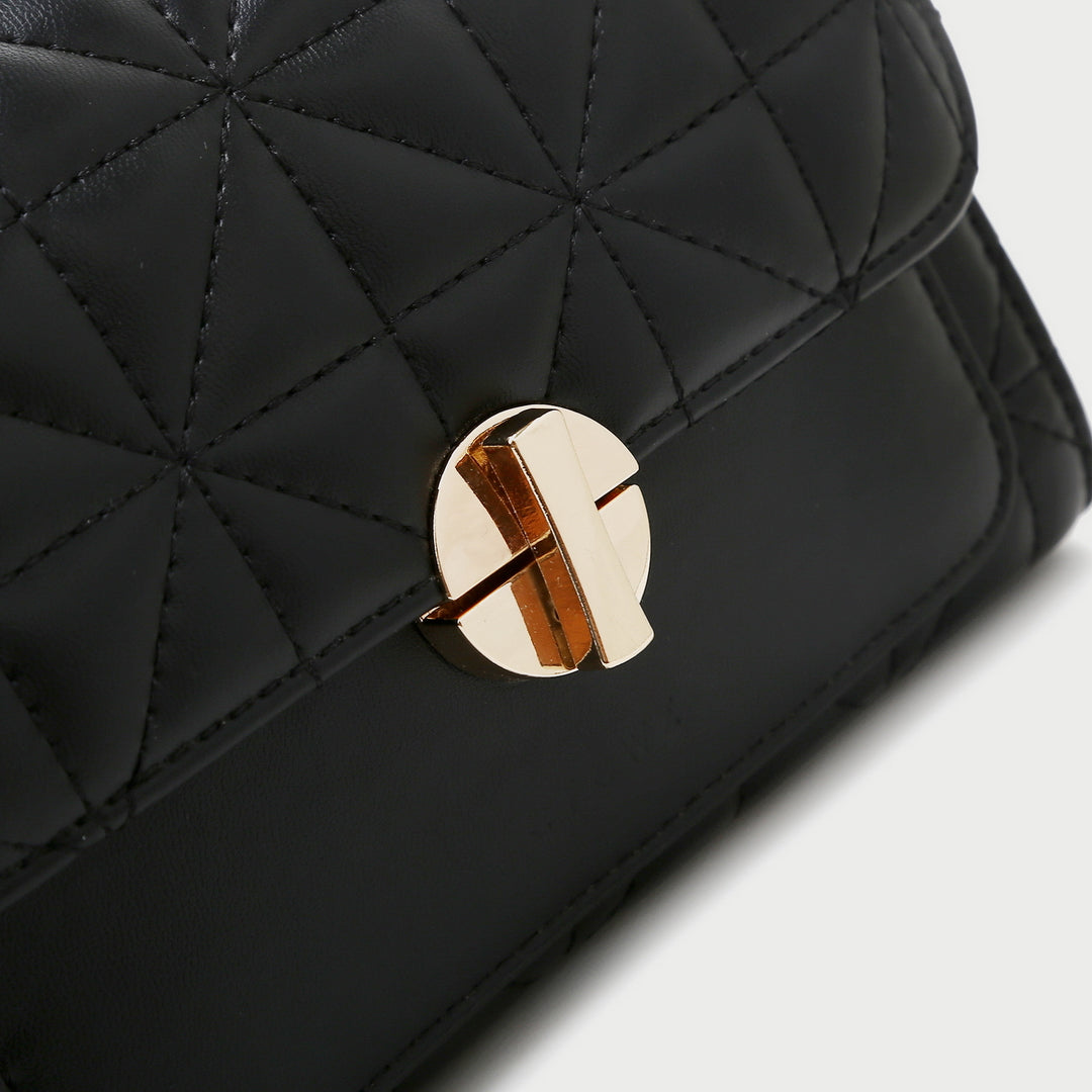 Faux pearl embellished strap turn-lock flap quilted  PU leather crossbody bag