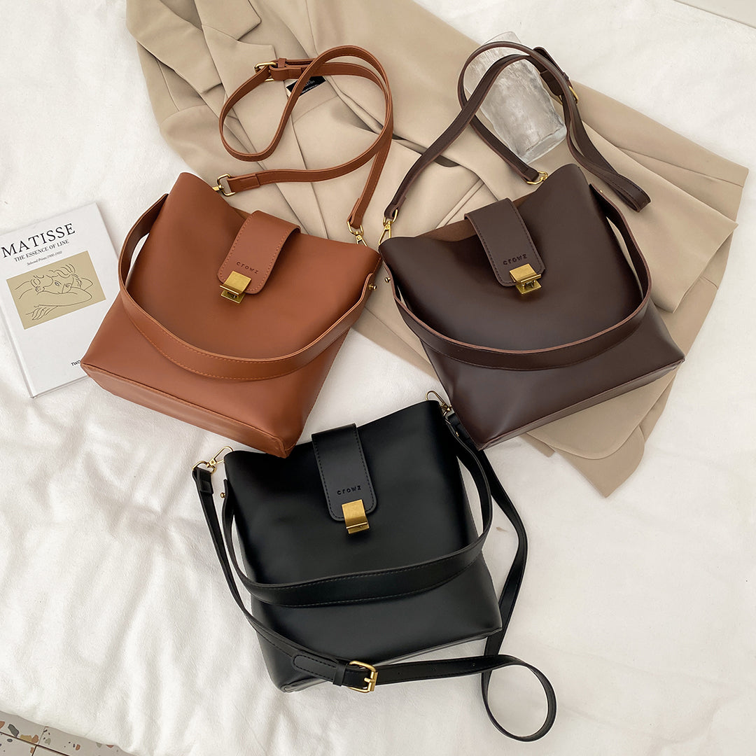 Metal clasp closure strap PU leather bucket bag (2-in-1 set)