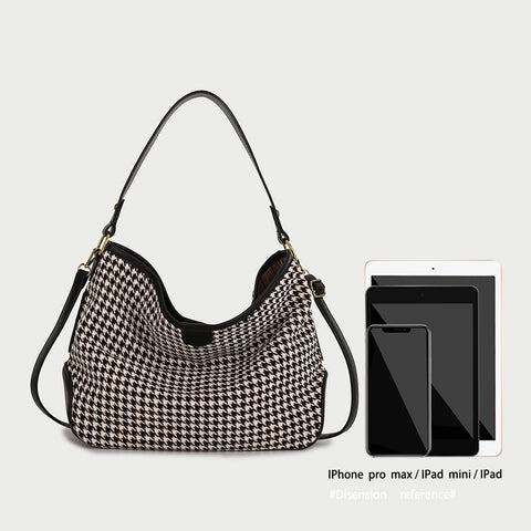 Houndstooth print PU leather trim shoulder bag (with an extra strap)
