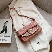 Faux pearl handle turn-lock quilted PU leather shoulder bag