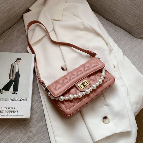 Faux pearl handle turn-lock quilted PU leather shoulder bag