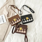 Argyle check pattern canvas panel PU leather crossbody bag