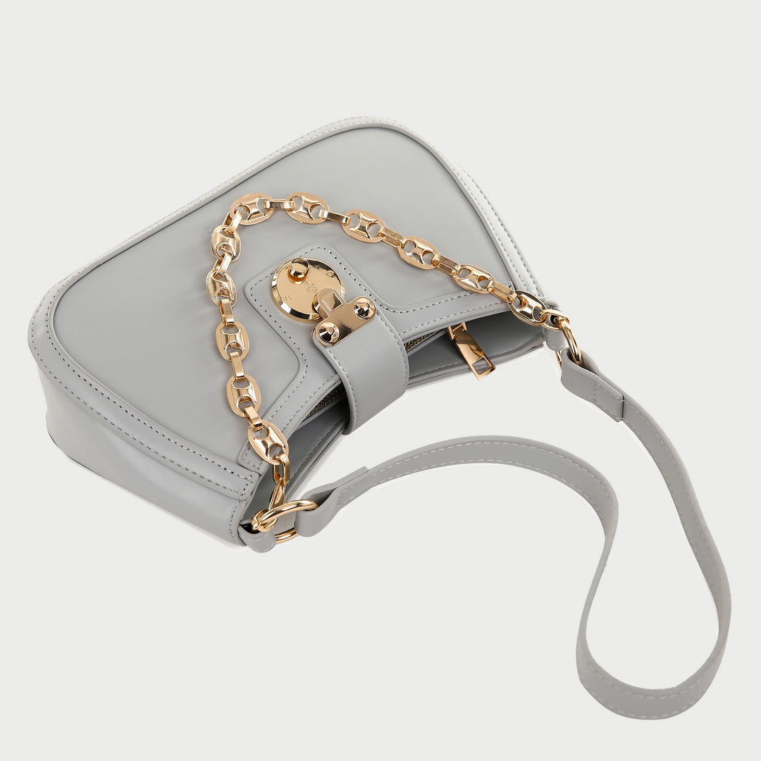 Metal chain strap PU leather baguette bag