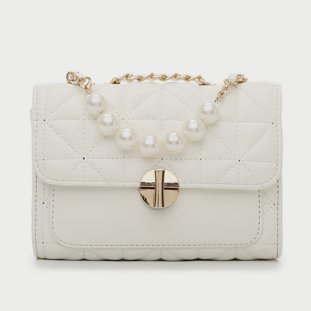 Faux pearl embellished strap turn-lock flap quilted  PU leather crossbody bag