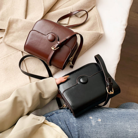 Button detail streamlined flapover PU leather crossbody bag