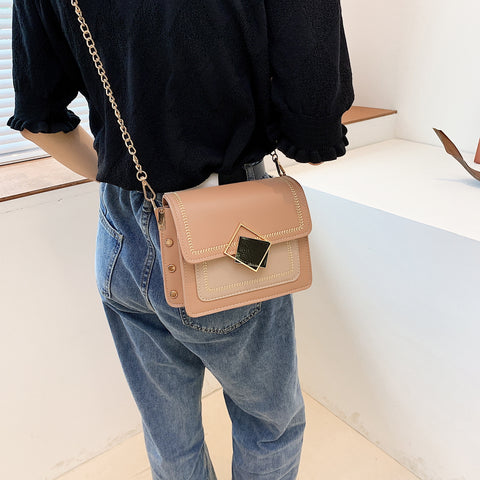 Layered contrast frame detail studded topstitch PU leather crossbody bag