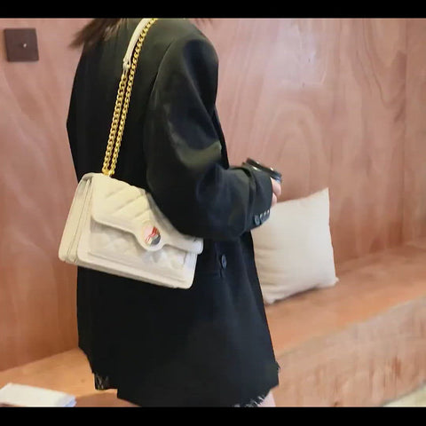Colourblock disc embellished flap quilted PU leather crossbody bag