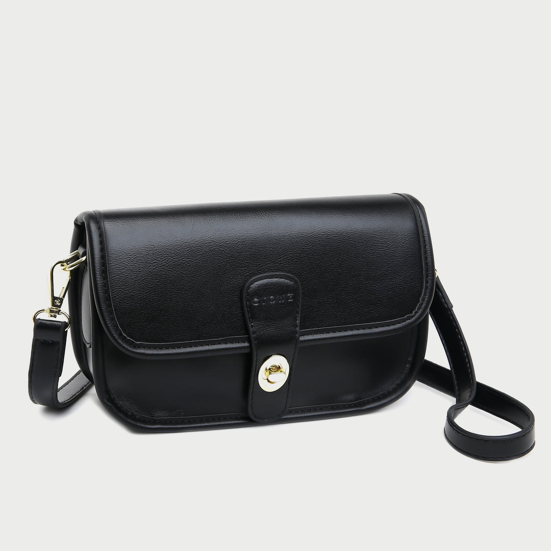 Metal turn-lock strap saddle style PU leather crossbody bag