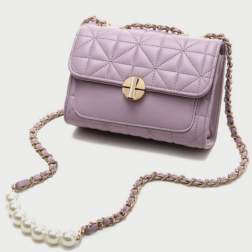 Faux pearl embellished strap turn-lock flap quilted  PU leather crossbody bag