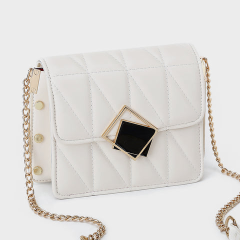 Contrast frame flap studded quilted PU leather crossbody bag