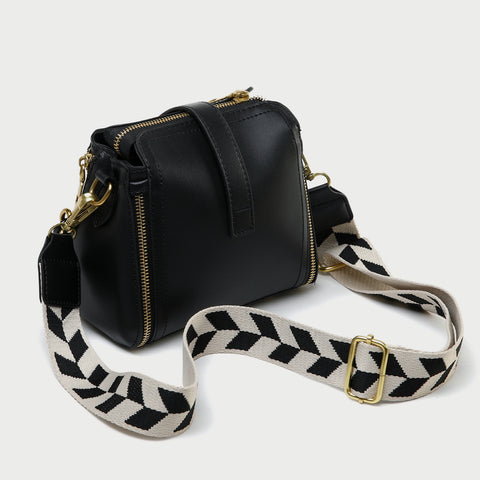 Chain handle patterned strap two-compartment PU leather crossbody bag