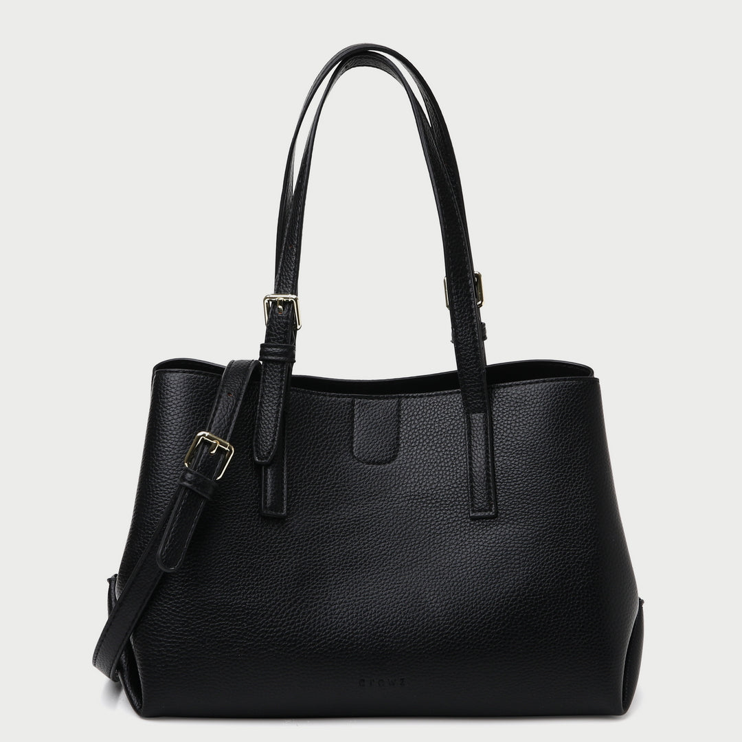 Minimal buckled handle dual compartment grained PU leather tote