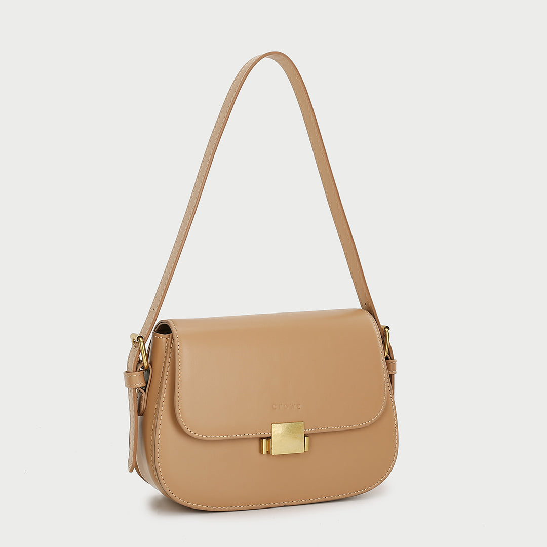 Metal square press lock minimalist saddle style PU leather shoulder bag