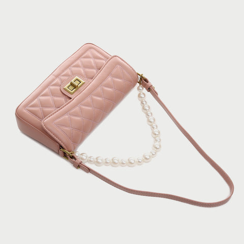 Faux pearl handle turn-lock quilted PU leather shoulder bag