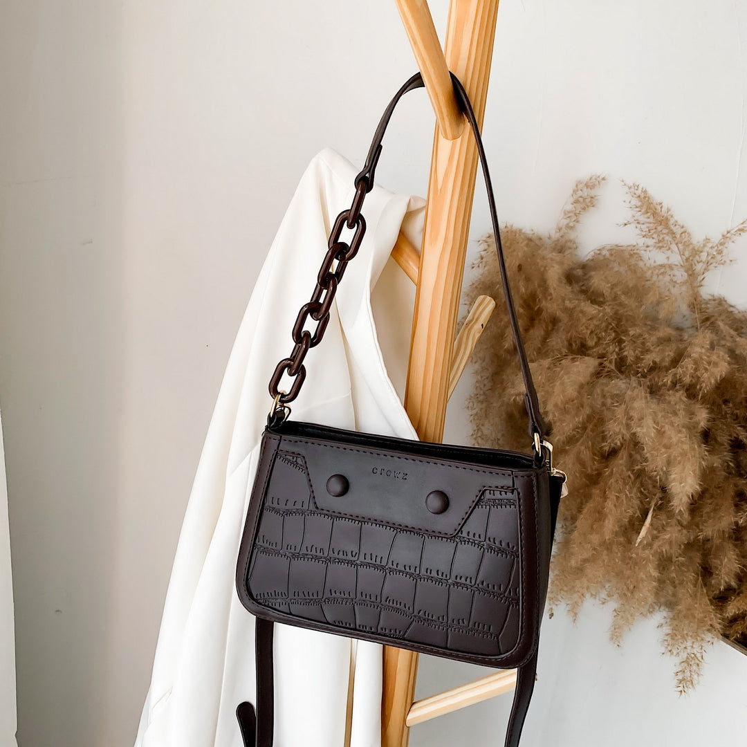 Croc-effect panel chained handle PU leather shoulder bag