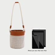 Contrast PU leather trim jacquard detail woven cylinder bucket bag