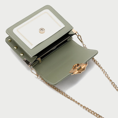Layered contrast frame detail studded topstitch PU leather crossbody bag