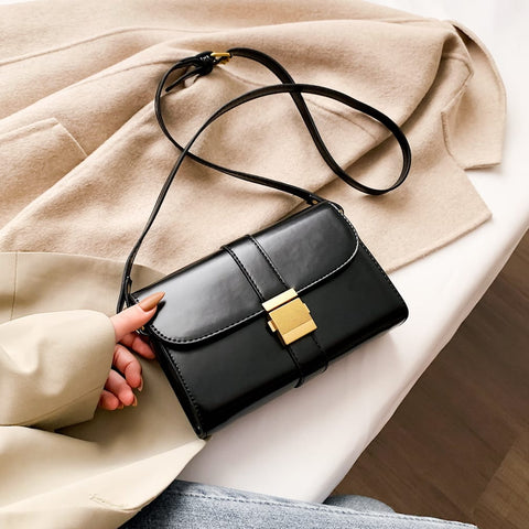 Metal pushlock strap style flapover PU leather crossbody bag