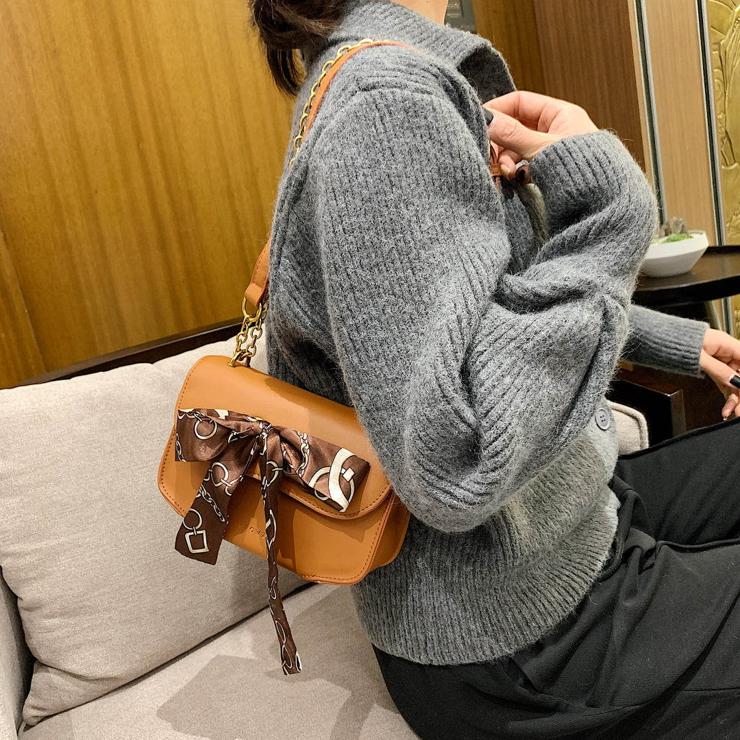 Silky scarf bow embellished flap style PU leather crossbody bag