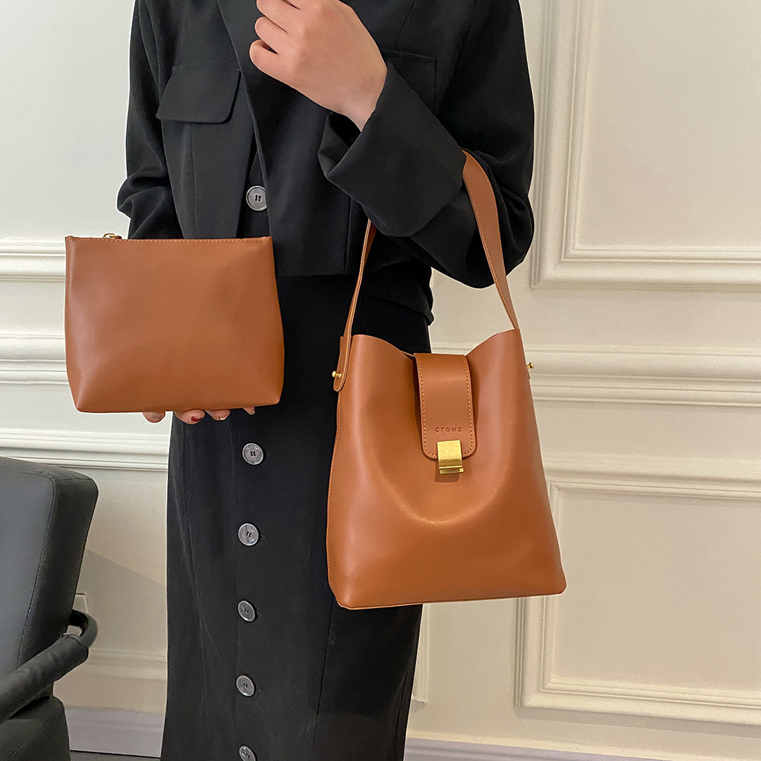 Metal clasp closure strap PU leather bucket bag (2-in-1 set)
