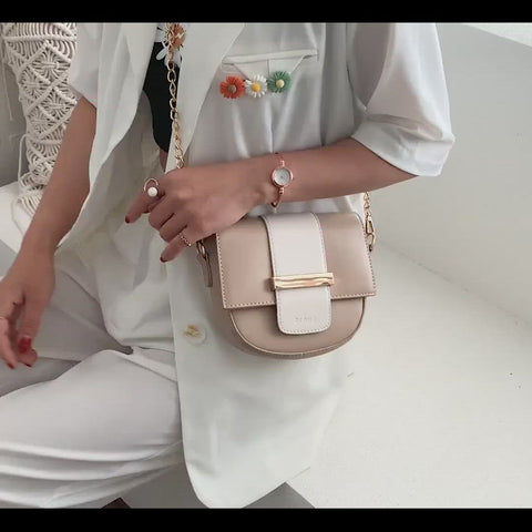Metal bar colourblock flap PU leather crossbody bag