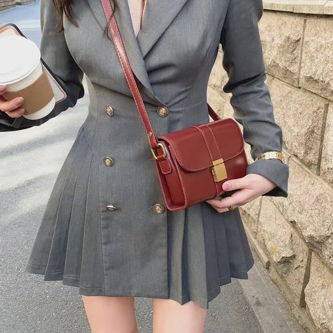 Metal pushlock strap style flapover PU leather crossbody bag
