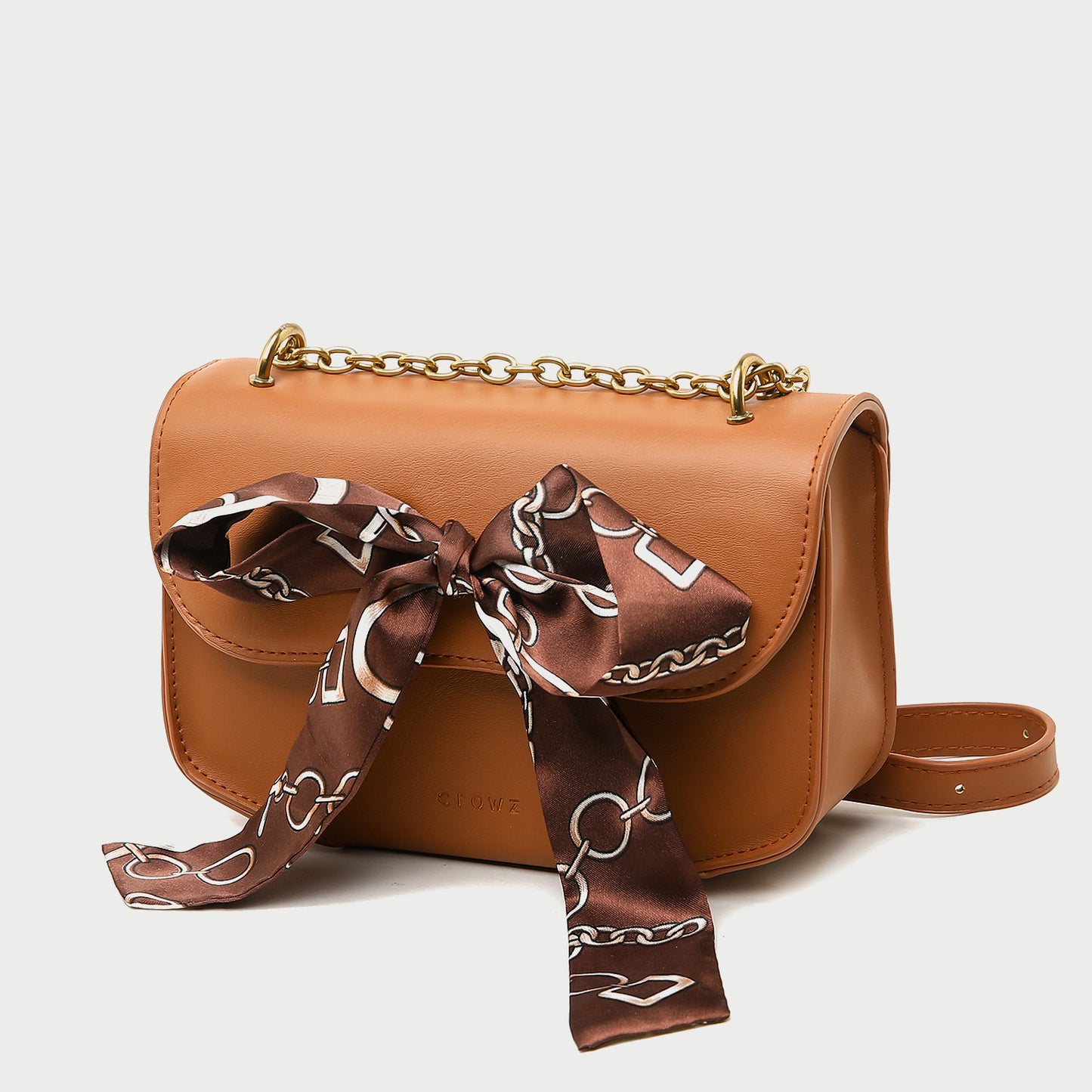 Silky scarf bow embellished flap style PU leather crossbody bag