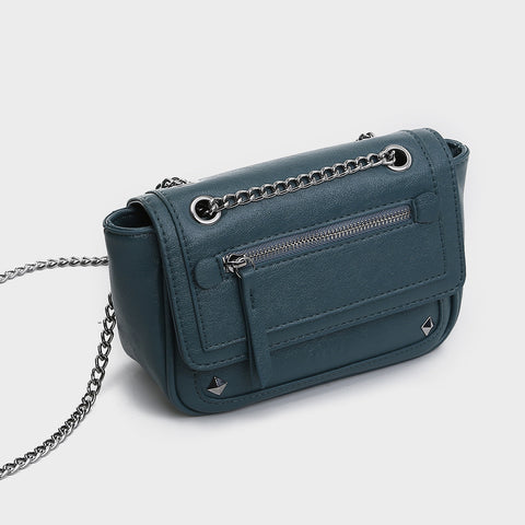 Zipped front flap studded PU leather crossbody bag