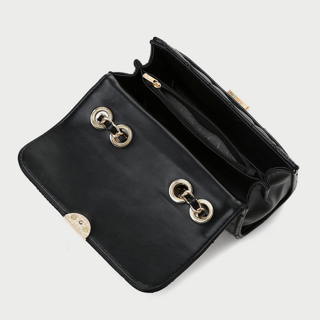 Faux pearl embellished strap turn-lock flap quilted  PU leather crossbody bag