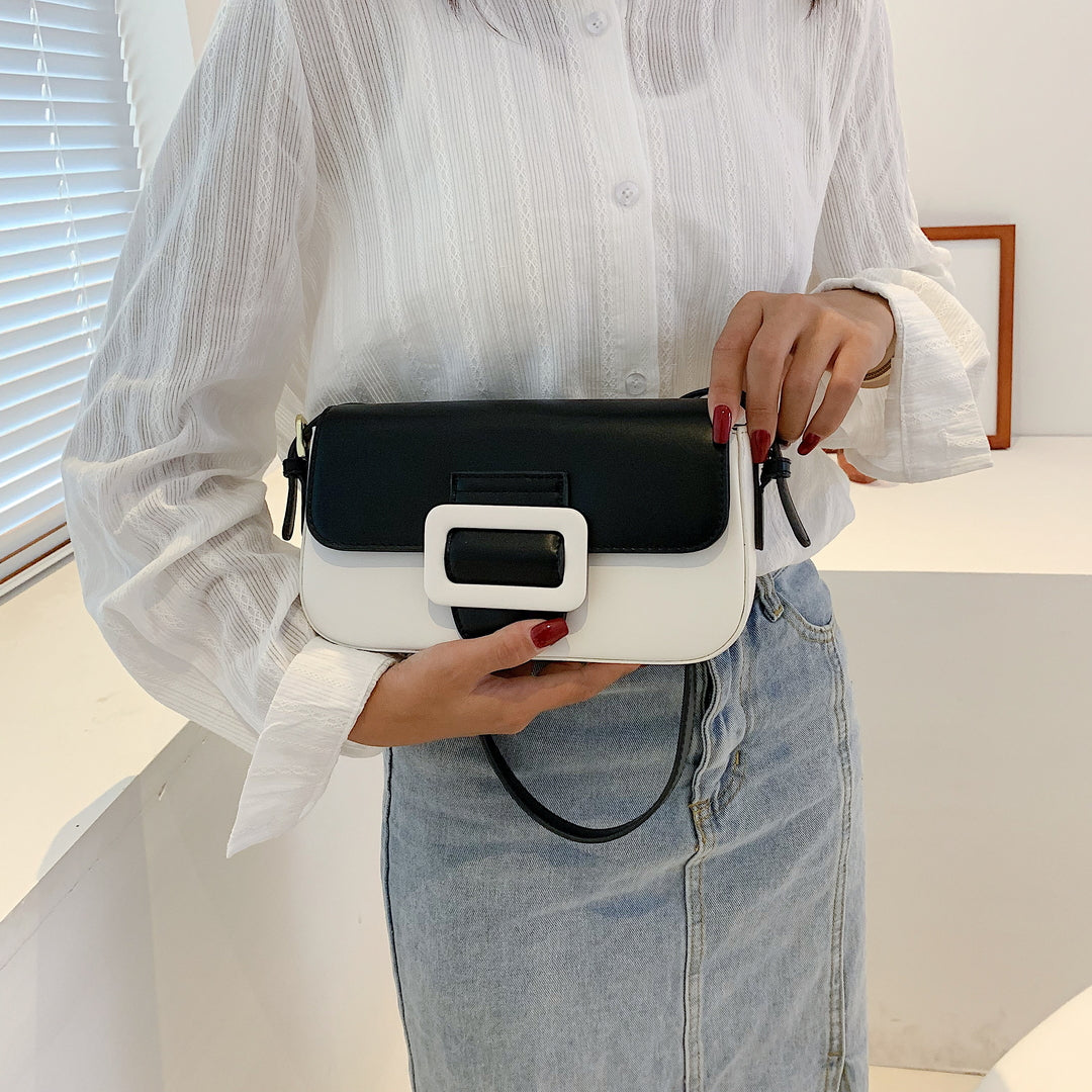 Classic buckle-strap flapover smooth PU leather shoulder bag