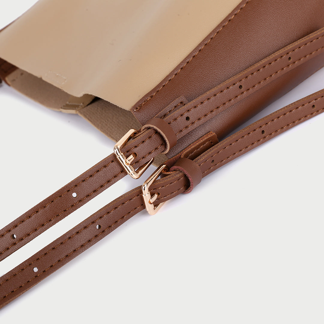 Double buckle detail shoulder strap PU leather bucket bag (2-in-1 set)