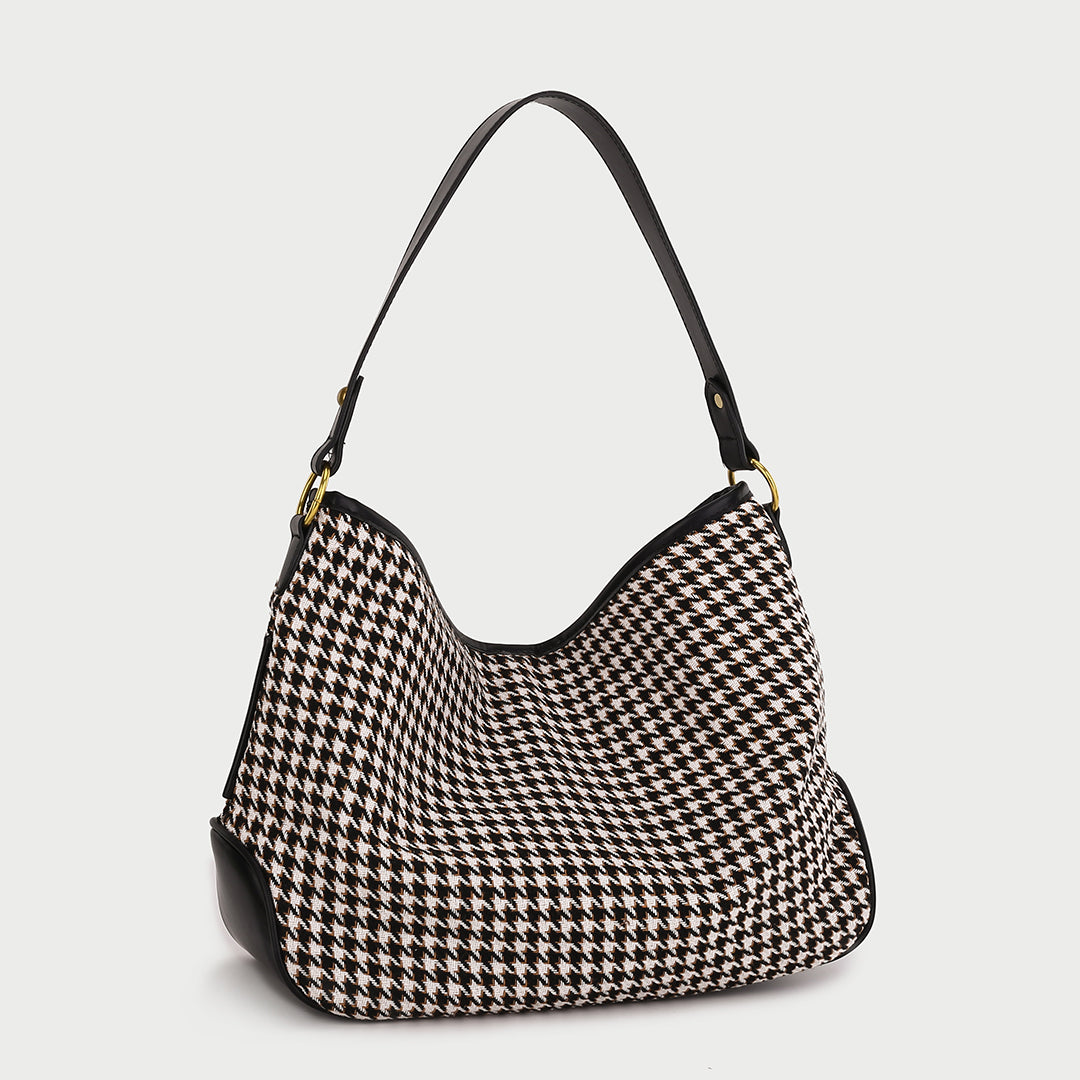 Houndstooth print PU leather trim shoulder bag (with an extra strap)