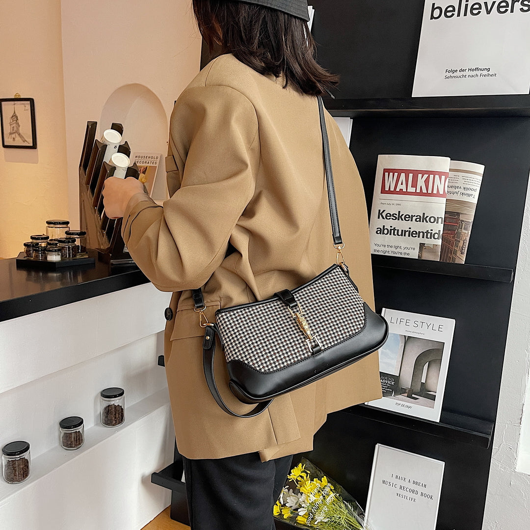 Strapped houndstooth canvas PU leather baguette bag