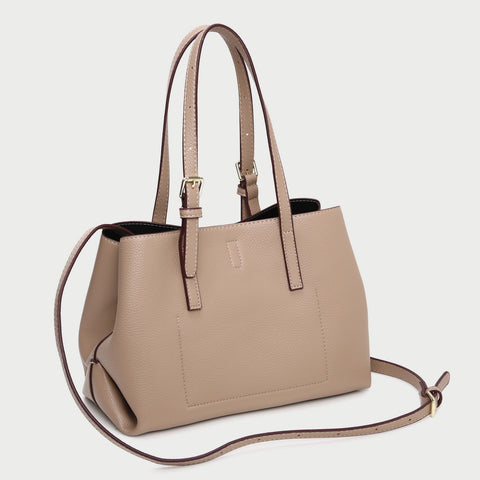 Minimal buckled handle dual compartment grained PU leather tote