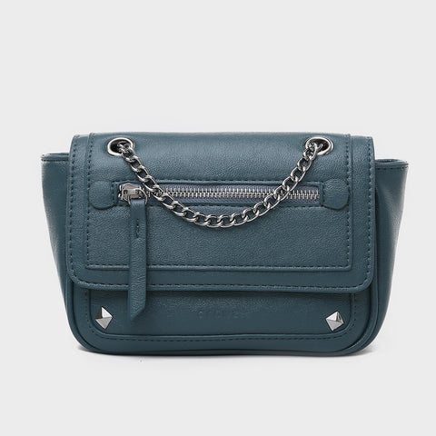 Zipped front flap studded PU leather crossbody bag