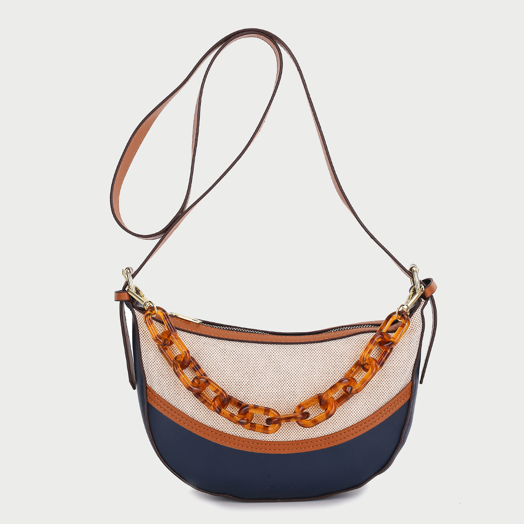 Agate-effect chain handle colourblock canvas PU leather crossbody bag