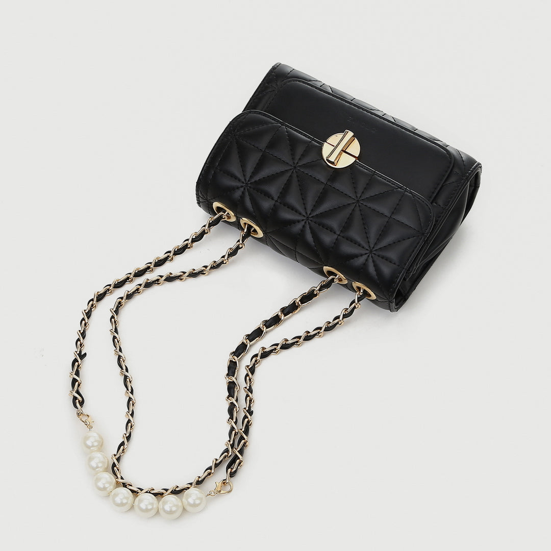 Faux pearl embellished strap turn-lock flap quilted  PU leather crossbody bag