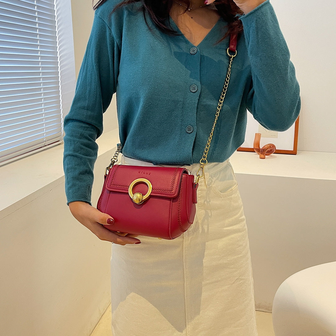 Elegant metal ring detail flap PU leather crossbody bag