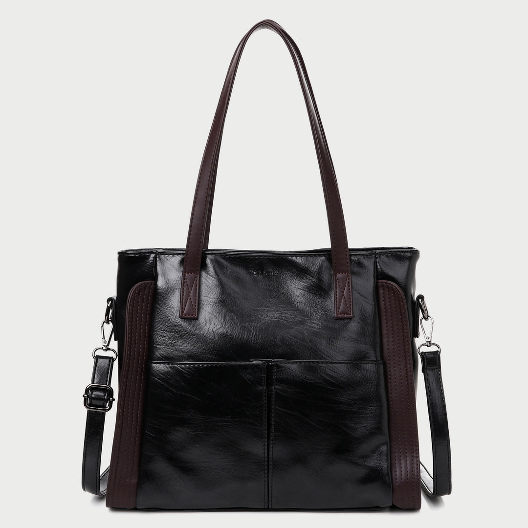 Dual front pocket creased PU leather tote