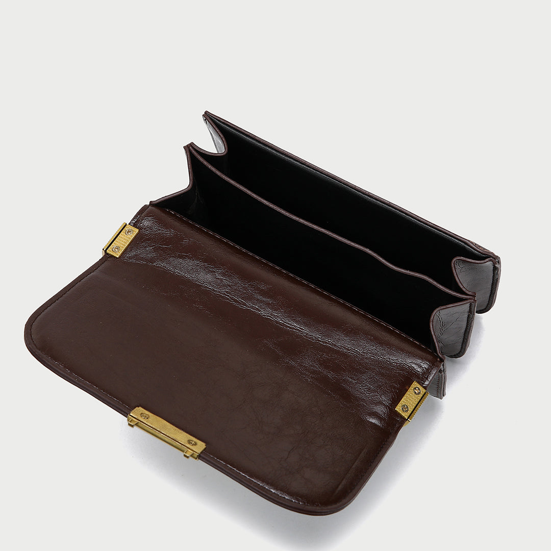 Metal clasp-lock flapover dual compartment PU leather crossbody bag