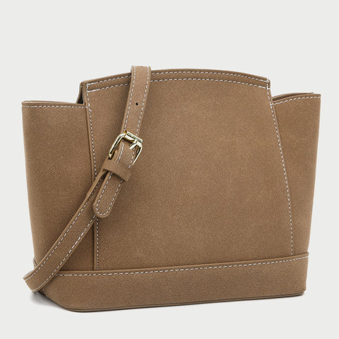 Modern metal-closure flap sculptural faux suede crossbody bag