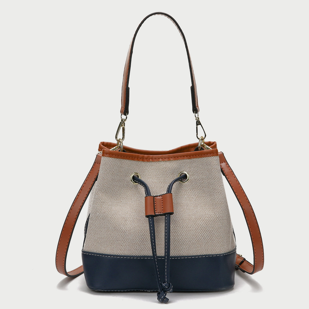 Modern drawstring detail colourblock PU leather canvas bucket bag