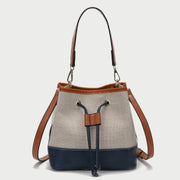 Modern drawstring detail colourblock PU leather canvas bucket bag