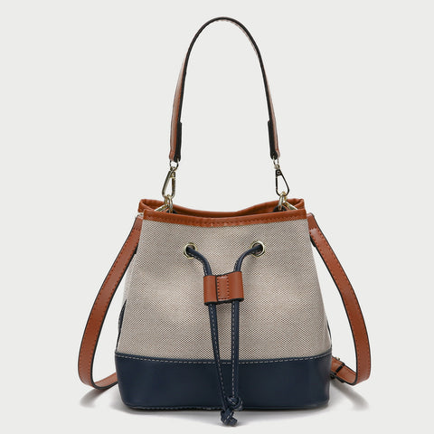 Modern drawstring detail colourblock PU leather canvas bucket bag
