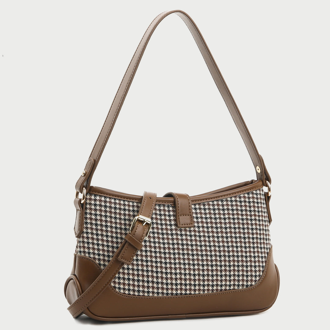 Strapped houndstooth canvas PU leather baguette bag