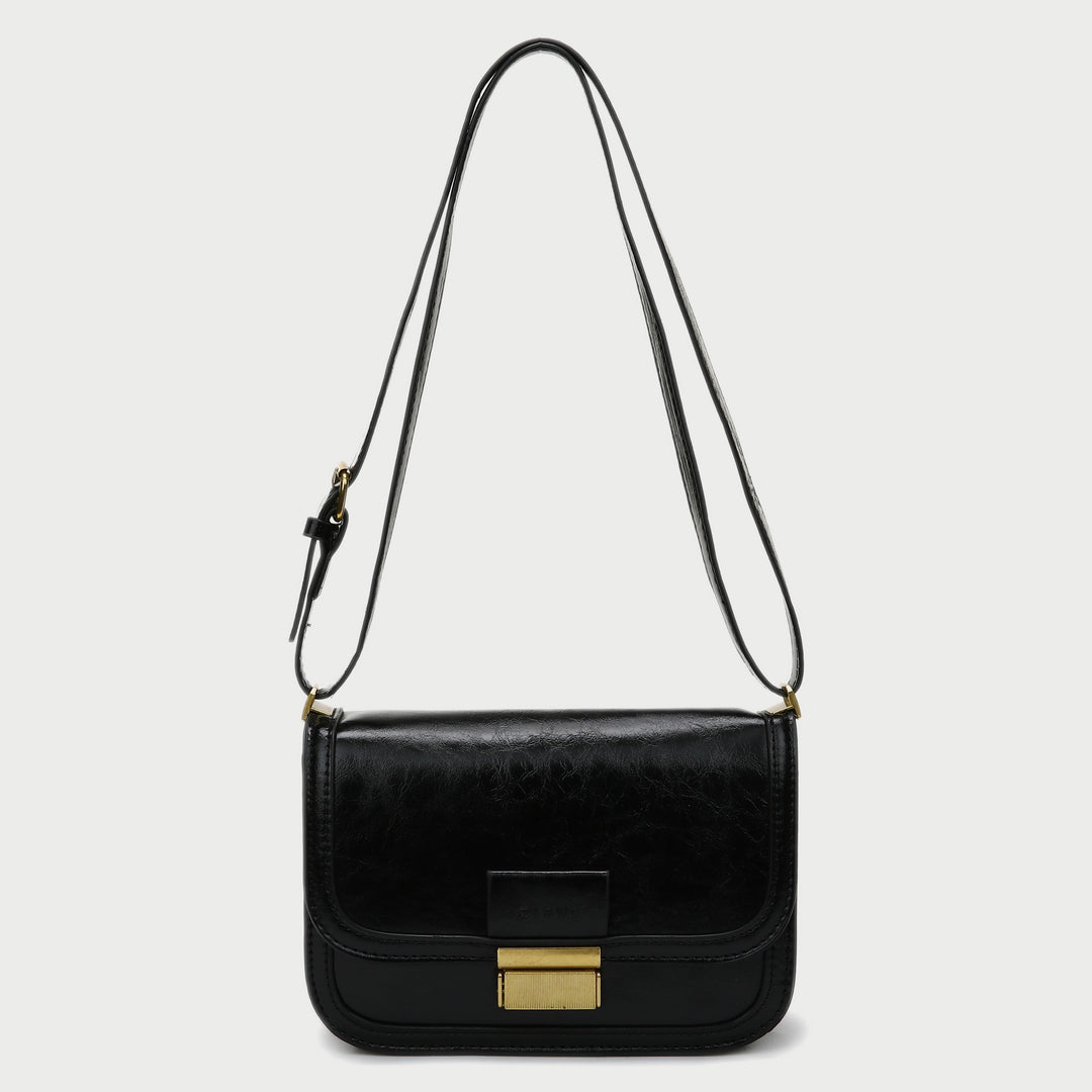 Metal clasp-lock flapover dual compartment PU leather crossbody bag