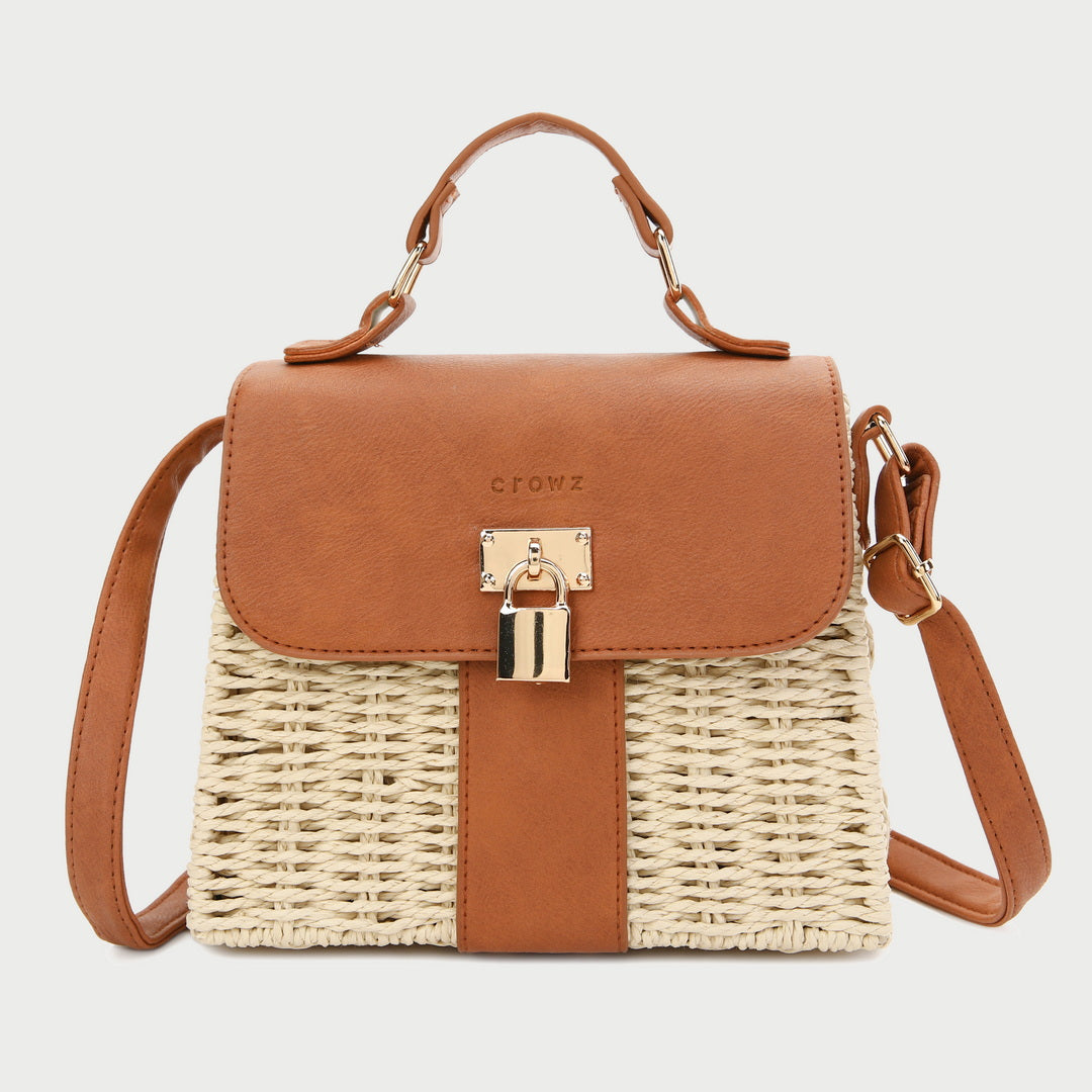 Metal padlock flapover PU leather rattan bag