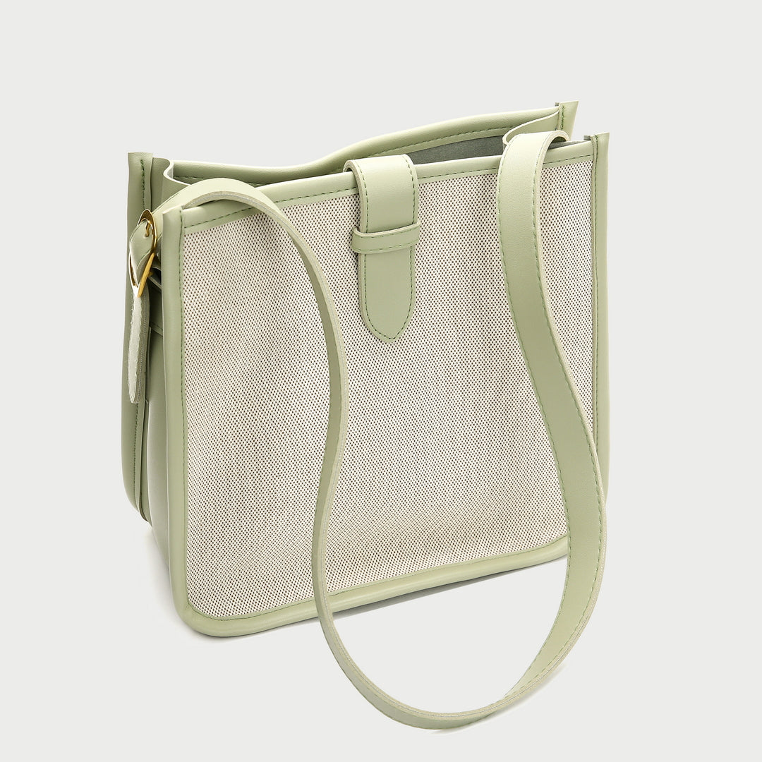 Contrast PU leather gusset strap detail canvas crossbody bag