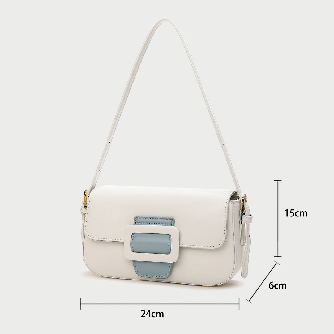 Classic buckle-strap flapover smooth PU leather shoulder bag