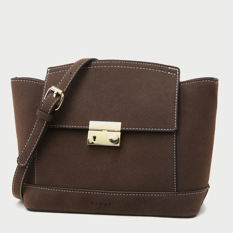 Modern metal-closure flap sculptural faux suede crossbody bag
